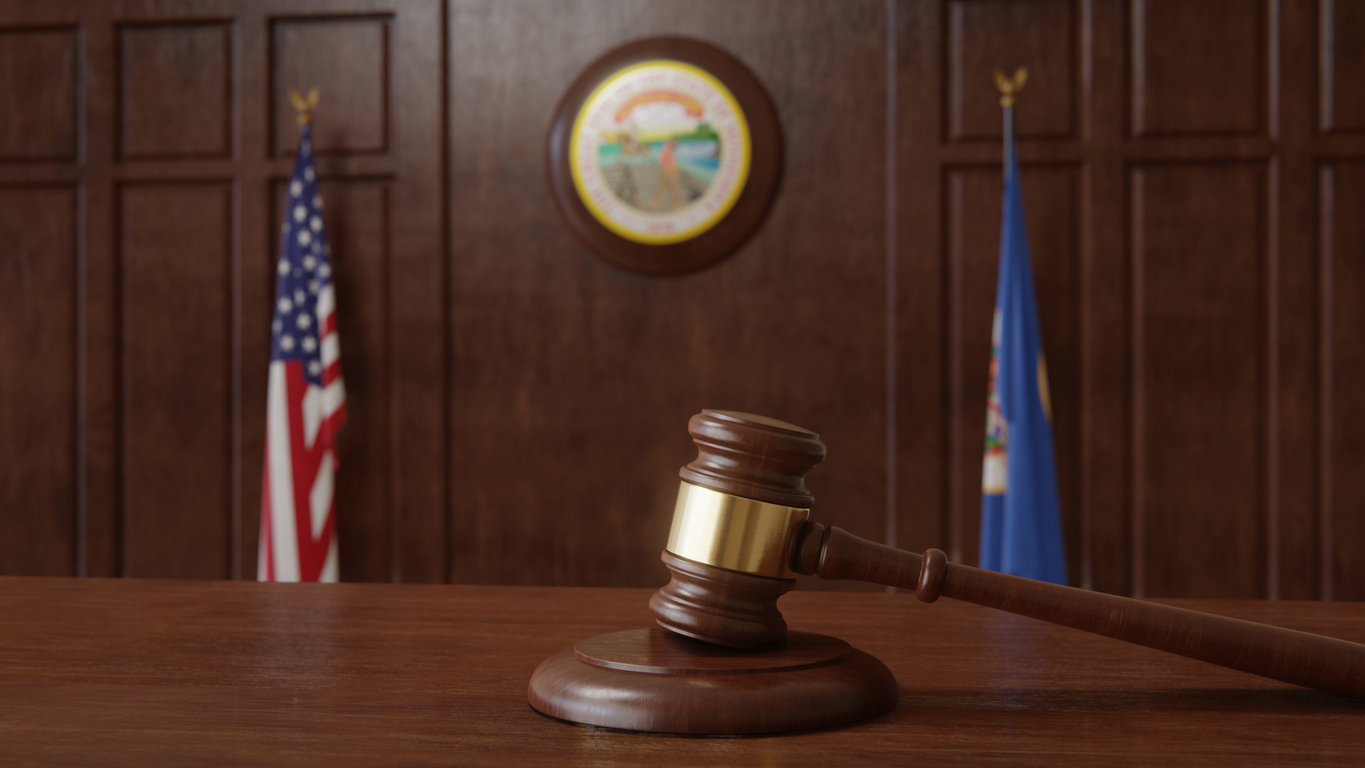 Courtroom scene with US flag and state seal and flag of the state of Minnesota. 3d rendering minnesota federal appeals